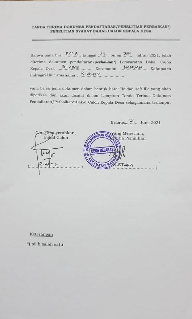 Pernyataan Panitia Mustafa Diduga Bohong, HR Alfin: Bukti Penyerahan Berkas Penerimaan Persyaratan Cakades Saya Sudah Dia Ditandatangani