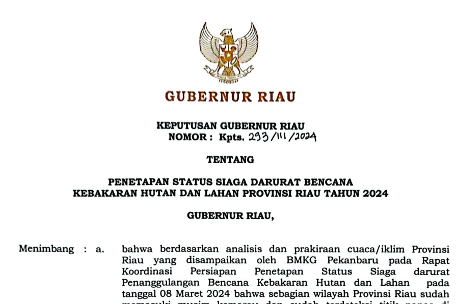 Pemprov Riau Resmi Tetapkan Status Siaga Darurat Karhutla 2024